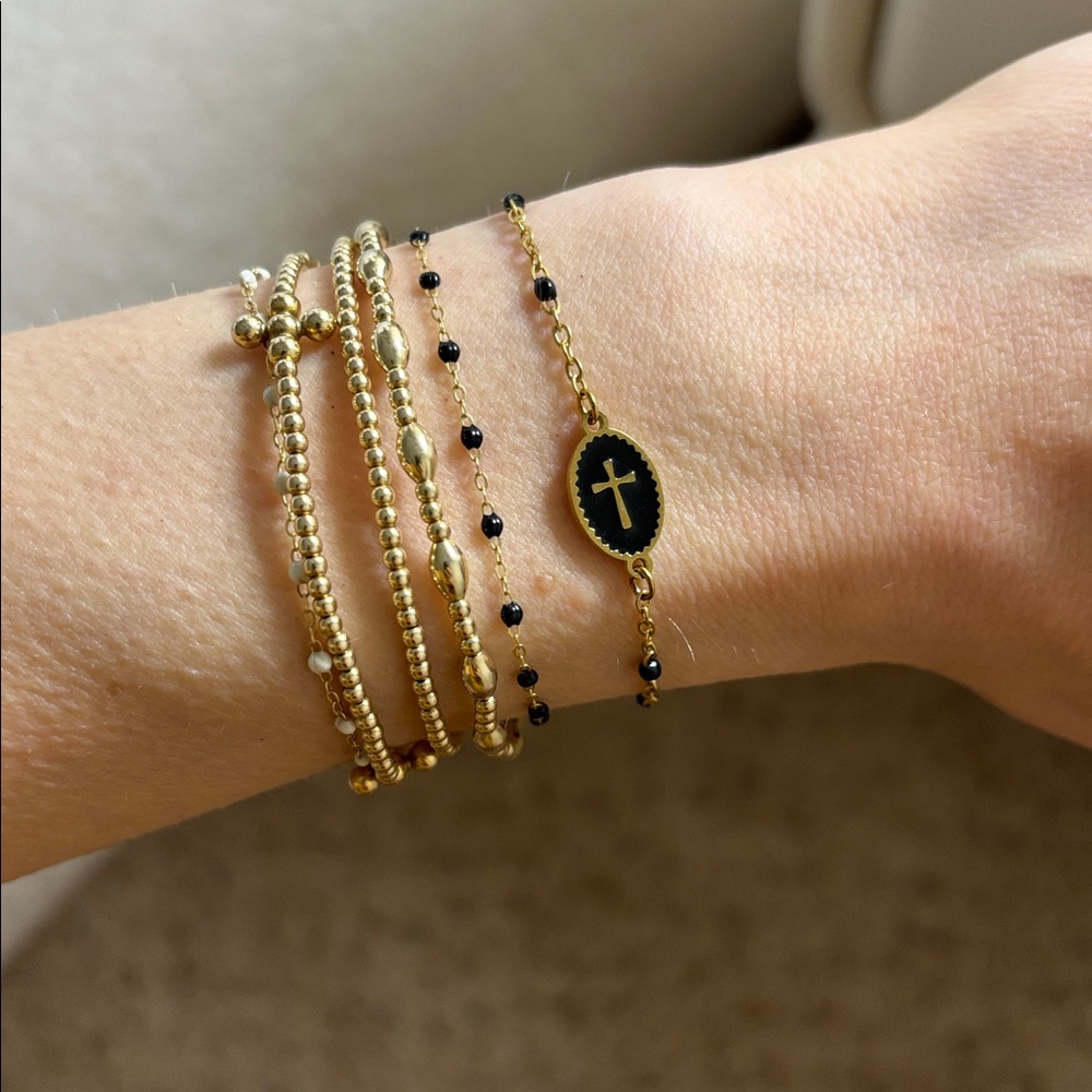 Dainty gold & black beaded look adjustable bracelet delicate jeweled chain cross